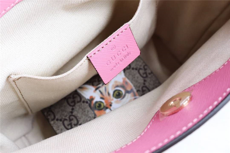 410812 Gucci手袋 卡通貓咪圖案 布紋牛皮 古馳mini購物袋 粉色