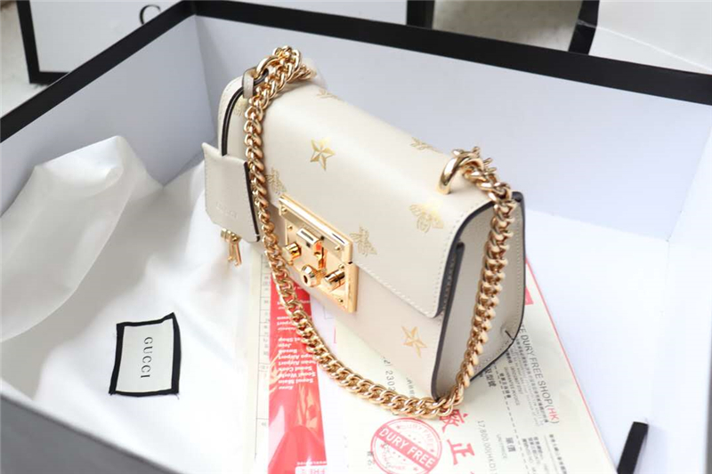 409487 Gucci肩背包 Padlock系列 真皮 白色蜜蜂星星 鏈條肩背包 白色