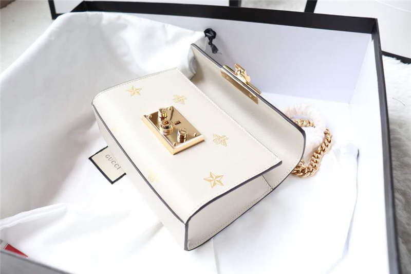 409487 Gucci肩背包 Padlock系列 真皮 白色蜜蜂星星 鏈條肩背包 白色