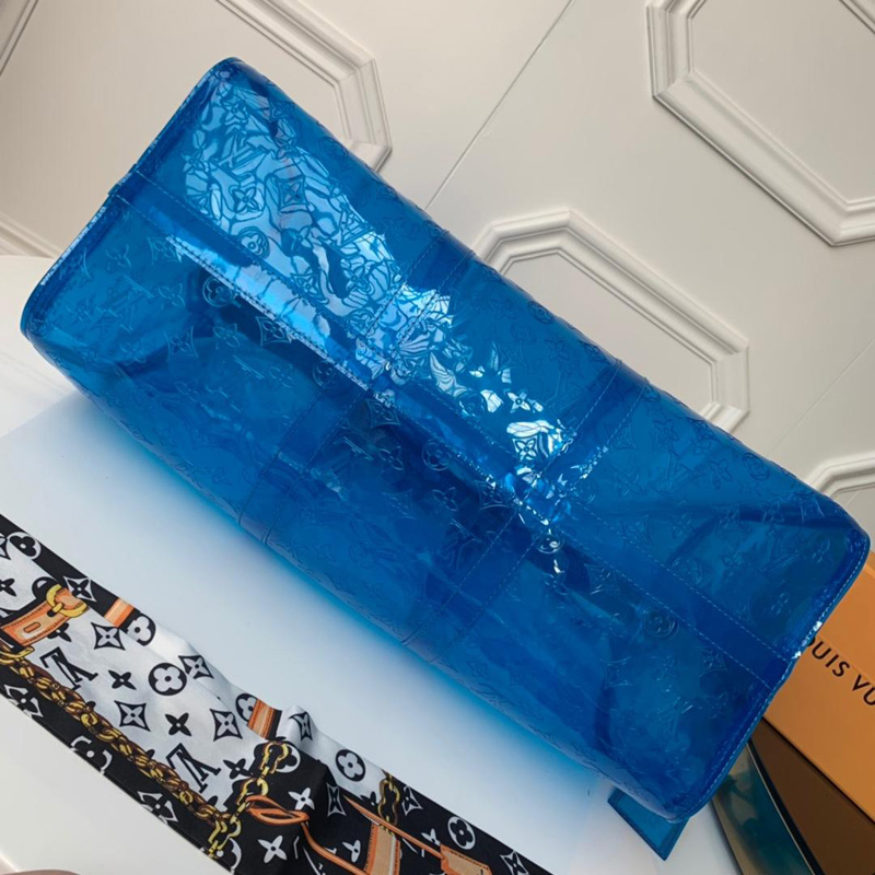 M53272 LV KEEPALL 50 旅行袋(配肩帶)透明Monogram印花PVC旅行袋 藍色