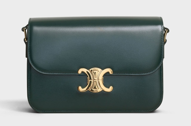 Celine中號墨綠色亮澤小牛皮Triomphe手袋