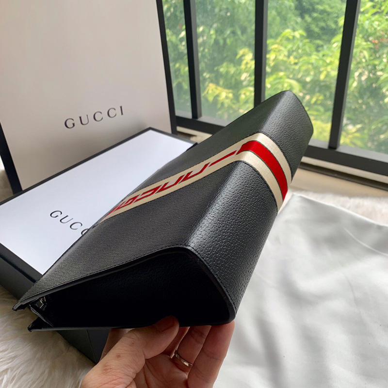 475316 Gucci紅綠提花條紋皮革手拿包 Gucci手包 黑色