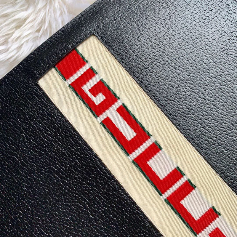 475316 Gucci紅綠提花條紋皮革手拿包 Gucci手包 黑色