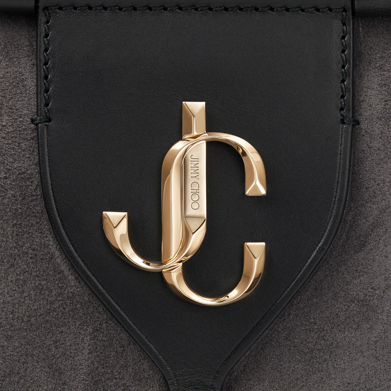 Jimmy Choo2019秋冬系列 VARENNE BOWLING/S 品牌logo裝飾暮色麂皮拼黑色植鞣皮保齡球包