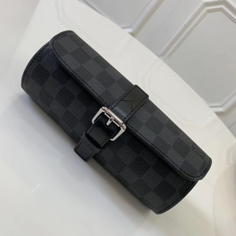 N41137 LV 3枚裝腕表盒 Damier Graphite黑格帆布 LV手表圓筒盒