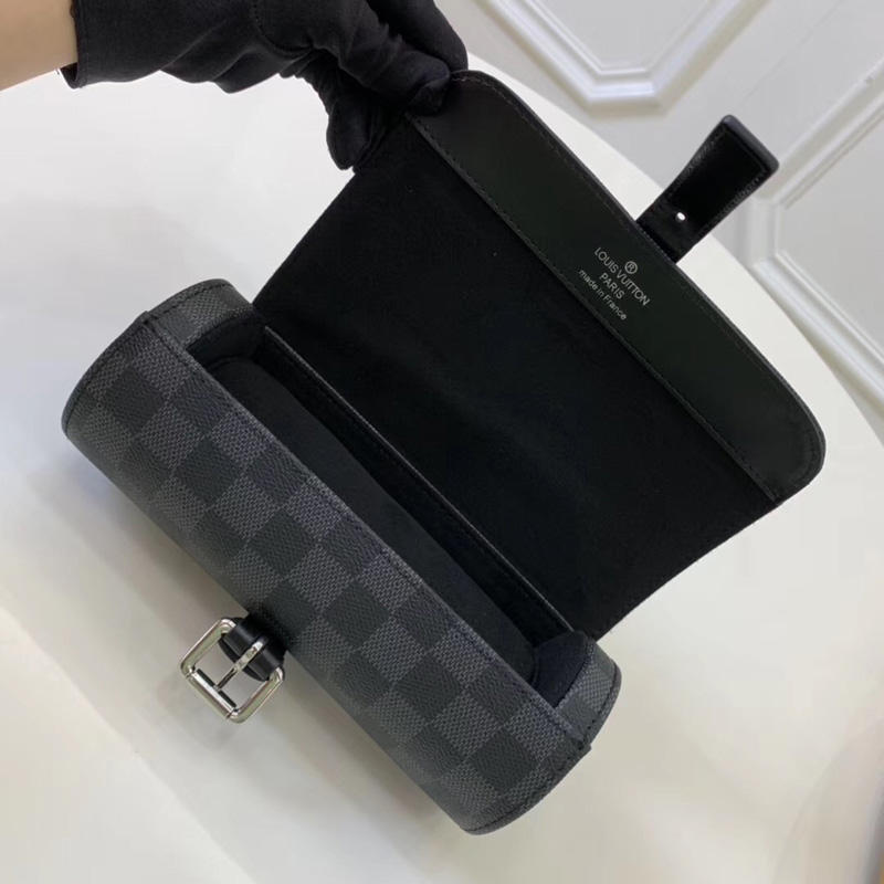 N41137 LV 3枚裝腕表盒 Damier Graphite黑格帆布 LV手表圓筒盒