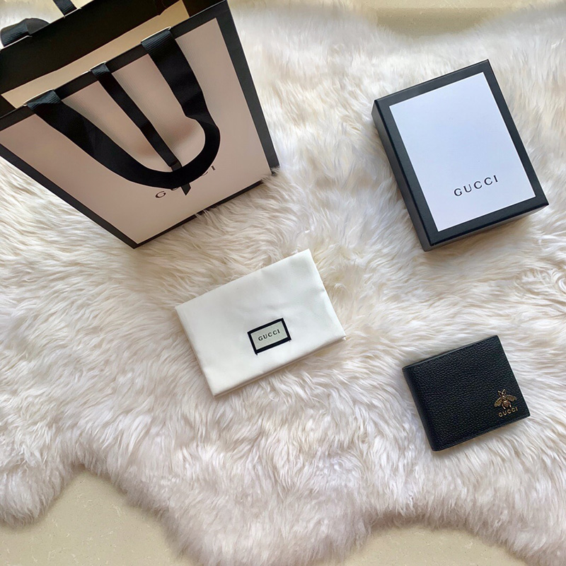 523664 Gucci古馳男包黑色Animalier金屬蜜蜂logo短款錢包錢夾