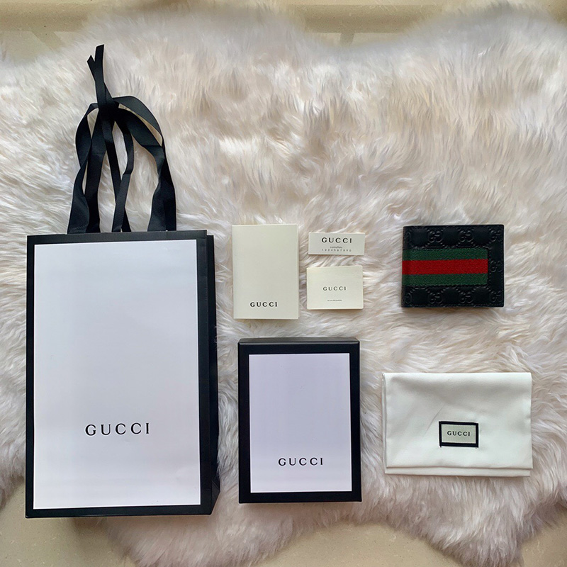 408827 GUCCI 古馳 男士黑色牛皮紅綠條紋雙G壓紋短款錢包
