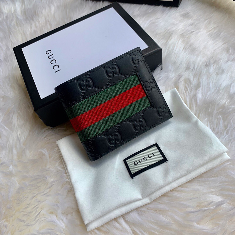 408827 GUCCI 古馳 男士黑色牛皮紅綠條紋雙G壓紋短款錢包