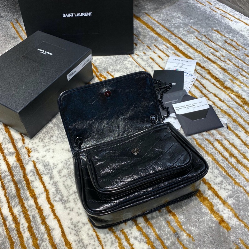 533037 YSL圣羅蘭 Niki baby 迷你復古褶皺真皮包 藍灰色