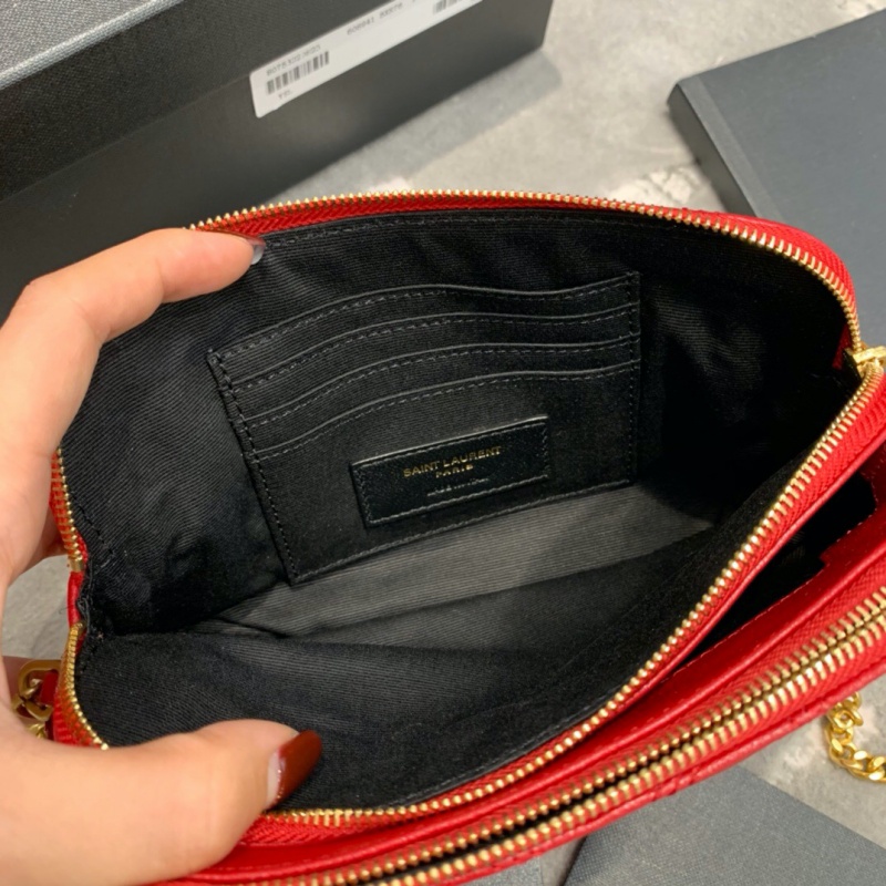 6089411 YSL圣羅蘭 BECKY雙拉鏈絎縫小羊皮手拿包 YSL包包 紅色