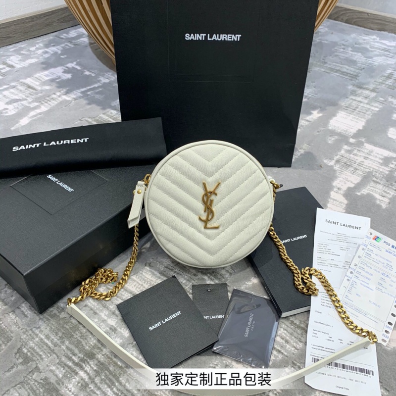 610436 YSL圣羅蘭 VINYLE V形紋絎縫光滑皮革圓形相機包 白色金扣