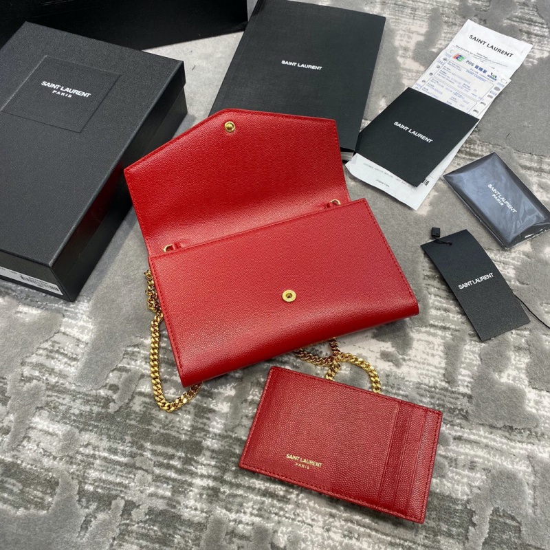 607788 YSL圣羅蘭 Saint Laurent UPTOWN粒面壓印皮革鏈條錢包 紅色