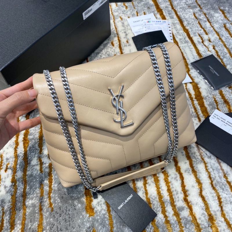 494699 YSL圣羅蘭 Saint Laurent LOULOU小號“Y”型絎縫皮革手袋 杏色銀扣