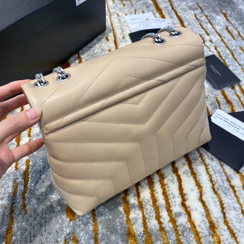 494699 YSL圣羅蘭 Saint Laurent LOULOU小號“Y”型絎縫皮革手袋 杏色銀扣