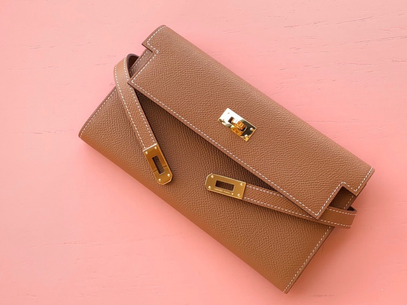 Hermes錢包 愛馬仕Kelly錢包 純手工頂級Epsom皮 棕色金扣