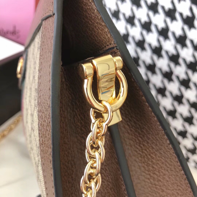 503877 Gucci Ophidia系列小號 GG 嵌花條紋織帶 鏈條肩背包 啡棕