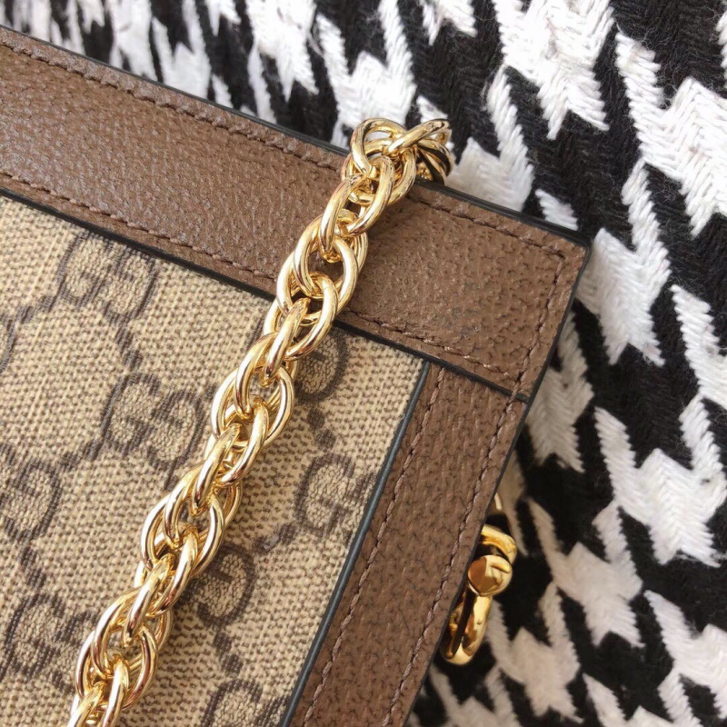 503877 Gucci Ophidia系列小號 GG 嵌花條紋織帶 鏈條肩背包 啡棕