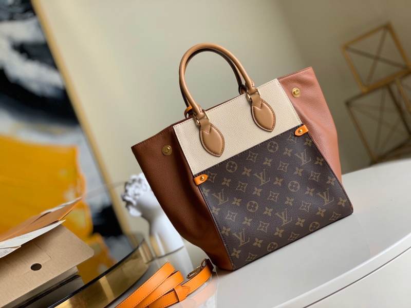 M45376 LV FOLD TOTE 中號手袋 Monogram 帆布配小牛皮女包 奶白色