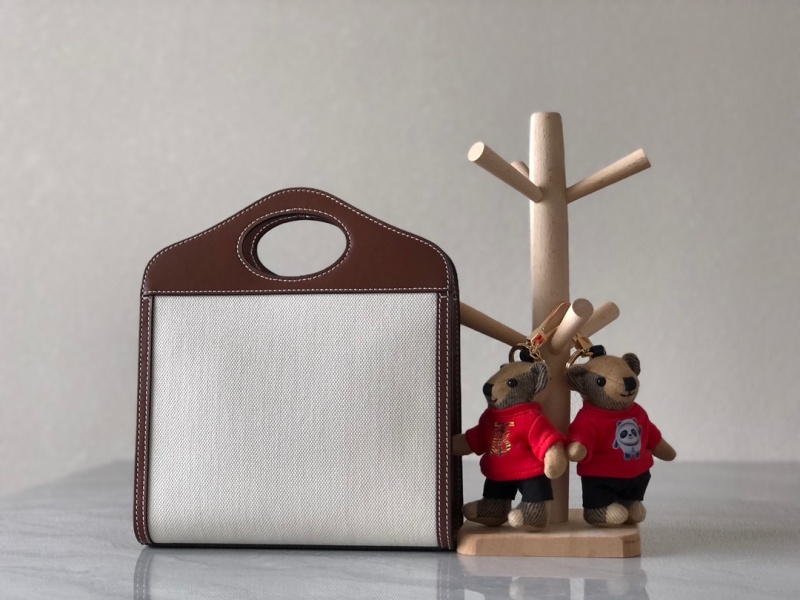 80367841 巴寶莉Burberry小號雙色帆布拼皮革口袋包 巴寶莉托特包 棕色