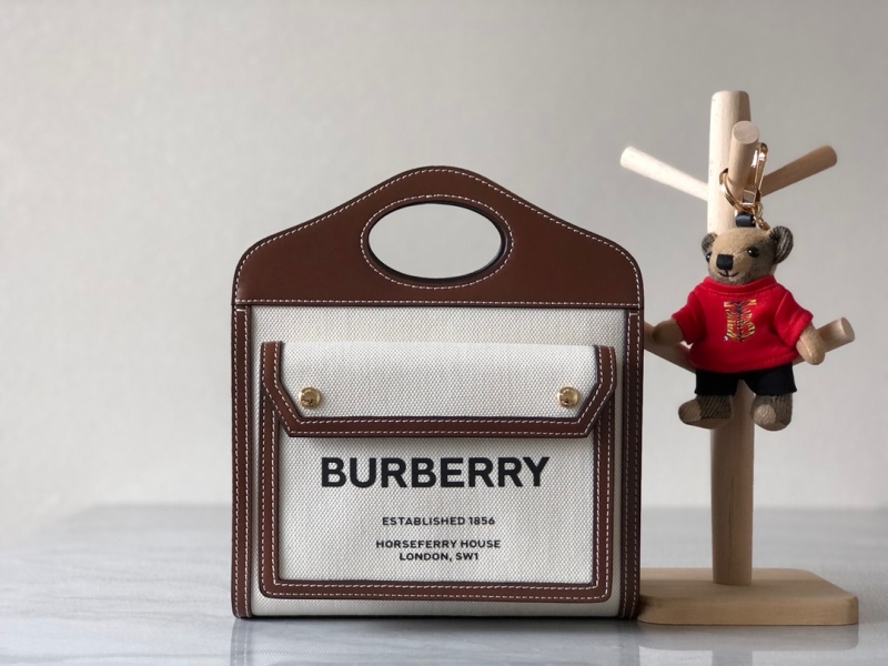 80367841 巴寶莉Burberry小號雙色帆布拼皮革口袋包 巴寶莉托特包 棕色