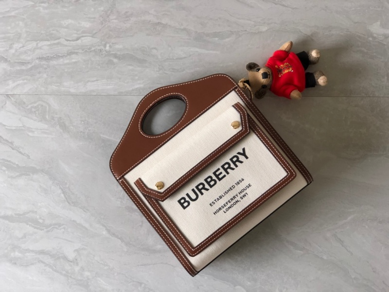 80367841 巴寶莉Burberry小號雙色帆布拼皮革口袋包 巴寶莉托特包 棕色