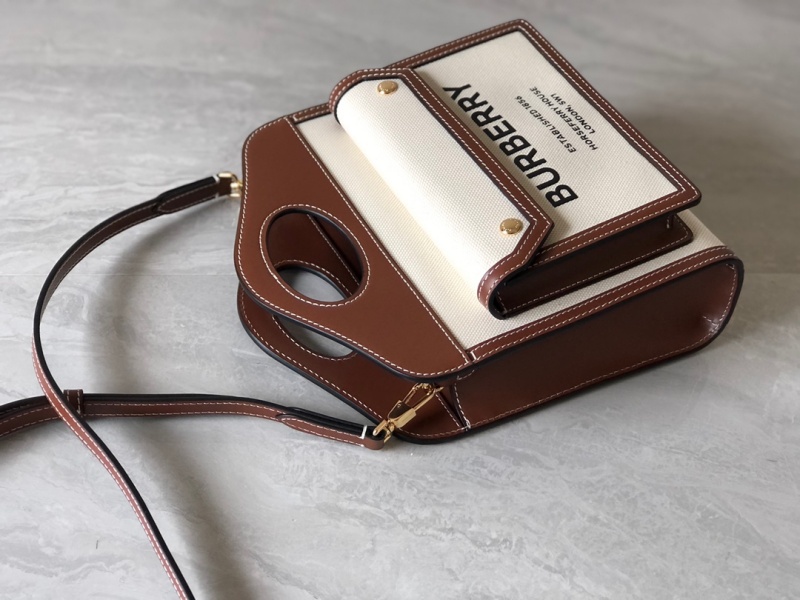 80367841 巴寶莉Burberry小號雙色帆布拼皮革口袋包 巴寶莉托特包 棕色