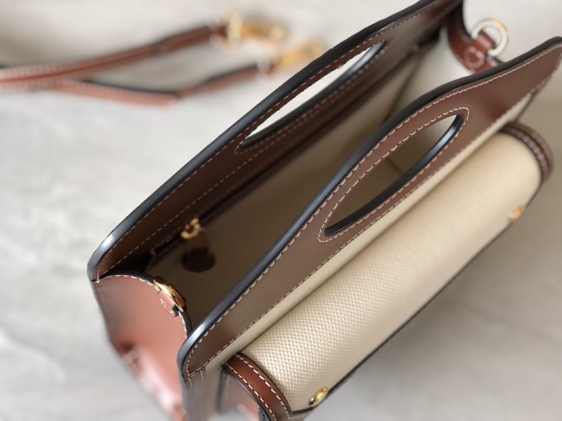 80367841 巴寶莉Burberry小號雙色帆布拼皮革口袋包 巴寶莉托特包 棕色