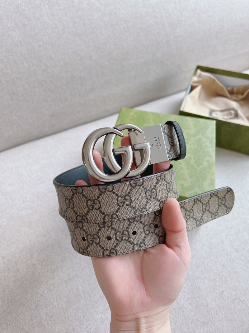 627055 Gucci雙G帶扣雙面腰帶 烏木色GG Supreme帆布男士皮帶 銀扣