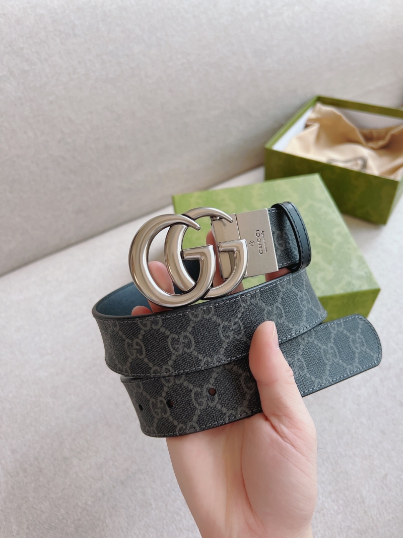 627055 Gucci雙G帶扣雙面腰帶 黑色GG Supreme帆布男士皮帶 銀扣