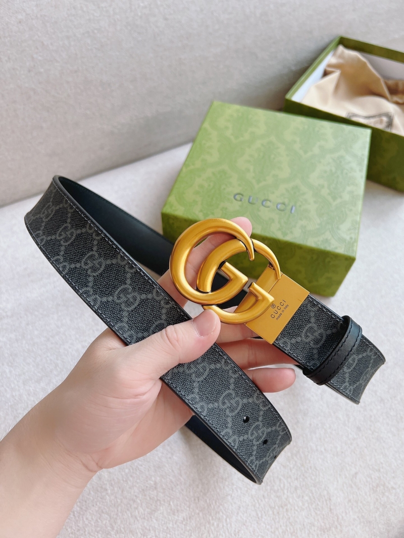 627055 Gucci雙G帶扣雙面腰帶 黑色GG Supreme帆布男士皮帶 金扣