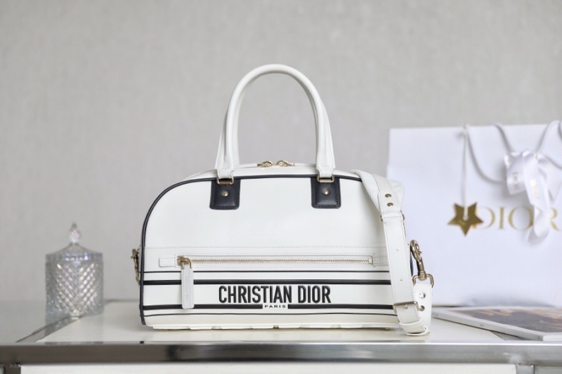 M6202 迪奧DIOR VIBE BOWLING 拉鏈手袋中號 光滑牛皮保齡球包 白色