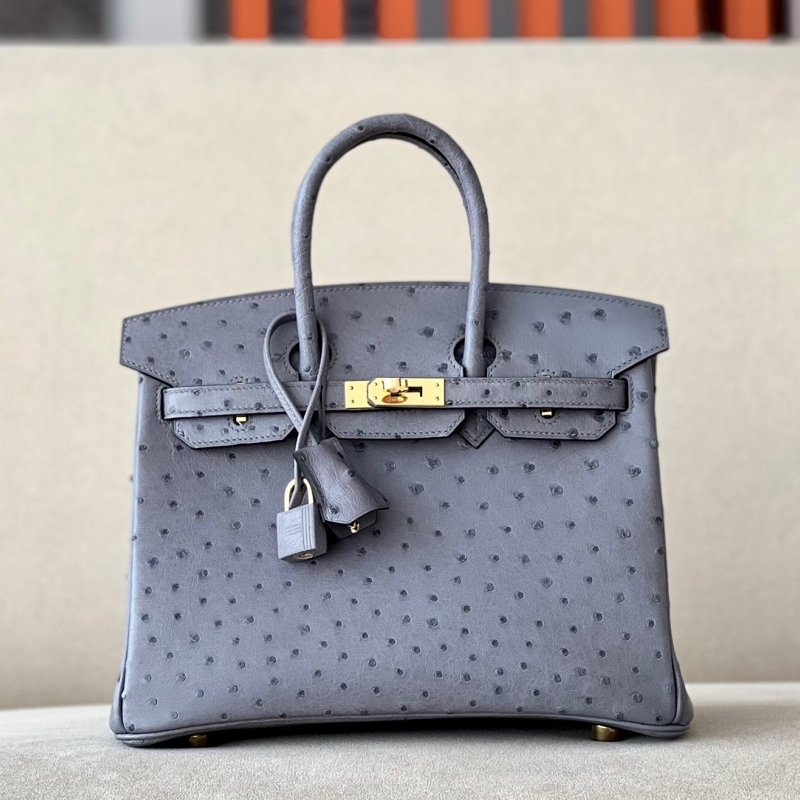 愛馬仕Hermes Birkin25 愛馬仕鉑金包 純手工定制版 鴕鳥皮 瑪瑙灰