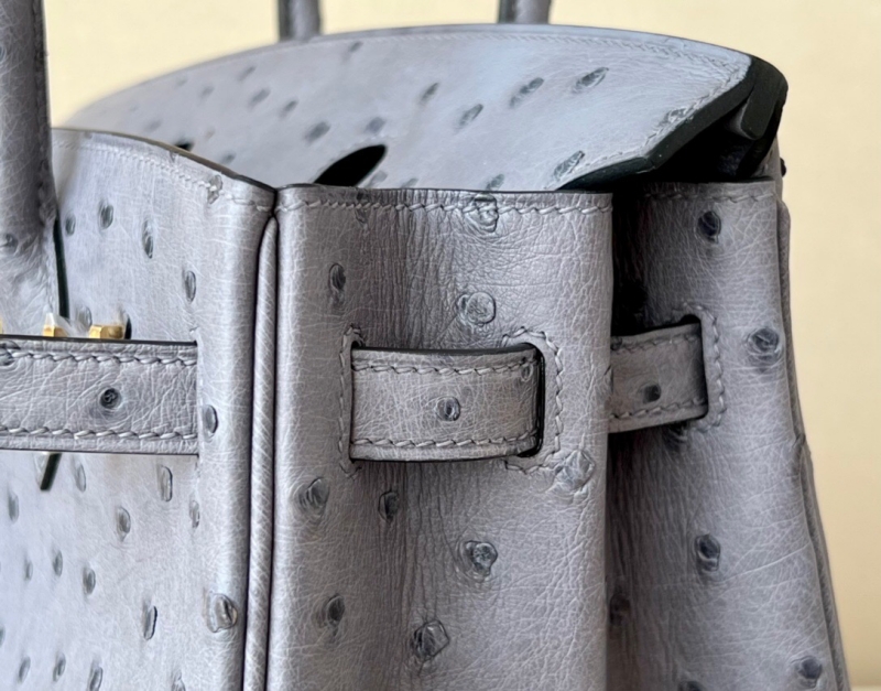 愛馬仕Hermes Birkin25 愛馬仕鉑金包 純手工定制版 鴕鳥皮 瑪瑙灰