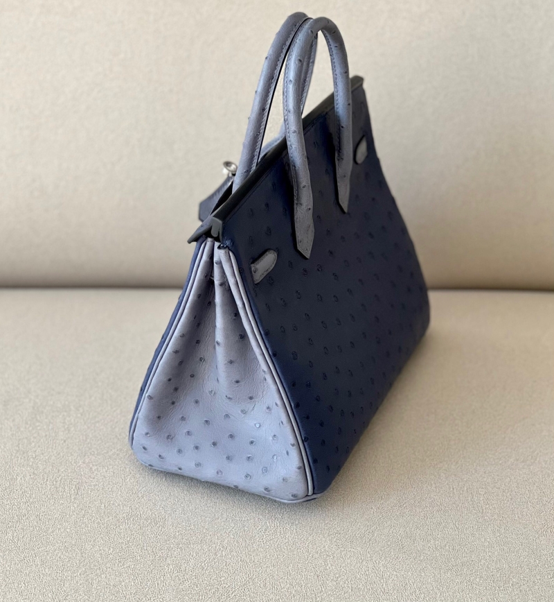 愛馬仕Hermes Birkin25 愛馬仕鉑金包 純手工定制版 鴕鳥皮 藍色瑪瑙灰拼色