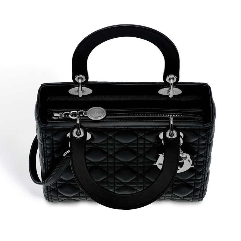 CAL44551 迪奧 Dior“Lady Dior”黑色小羊皮手提包經典藤格紋“Cannage”縫線銀色配飾