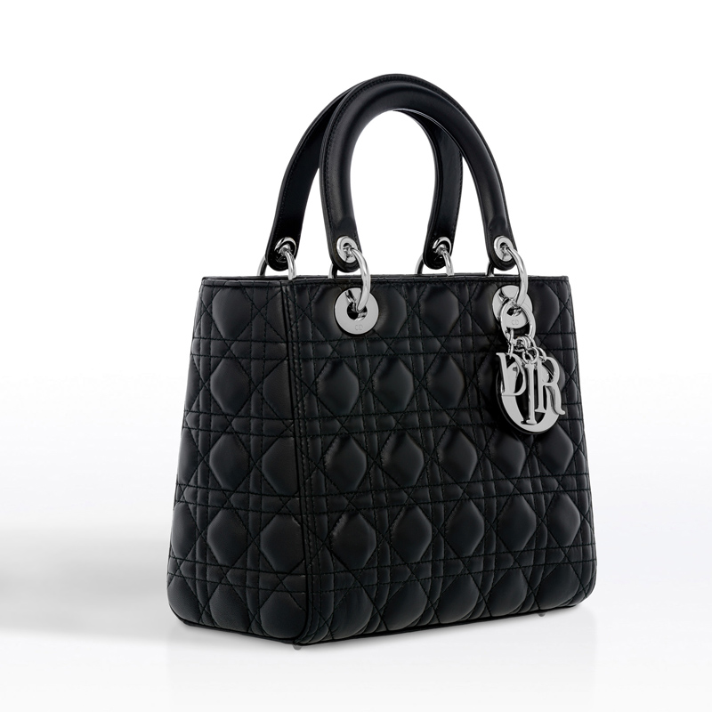 CAL44551 迪奧 Dior“Lady Dior”黑色小羊皮手提包經典藤格紋“Cannage”縫線銀色配飾