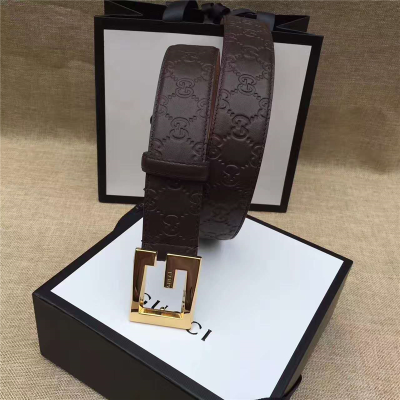 Gucci 金色扣腰帶 內(nèi)襯頭層樹膏磨砂皮底腰帶 Gucci皮帶
