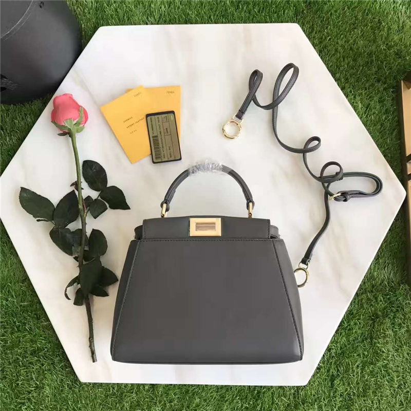 2590 FENDI 芬迪 拼色軟羊革 手提包 兩個內袋 金屬配件 灰色