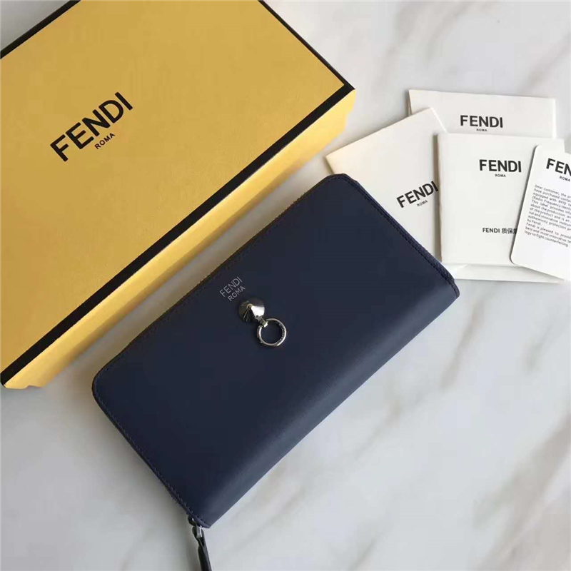 Fendi 芬迪 0212 2017年最新設計小牛皮拉鏈長夾 金屬環 藍色