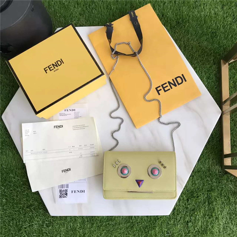 2346-A Fendi 2017新款 ROUND EYES主題 圓眼 精致小牛皮 鏈條包斜挎包 淺綠色