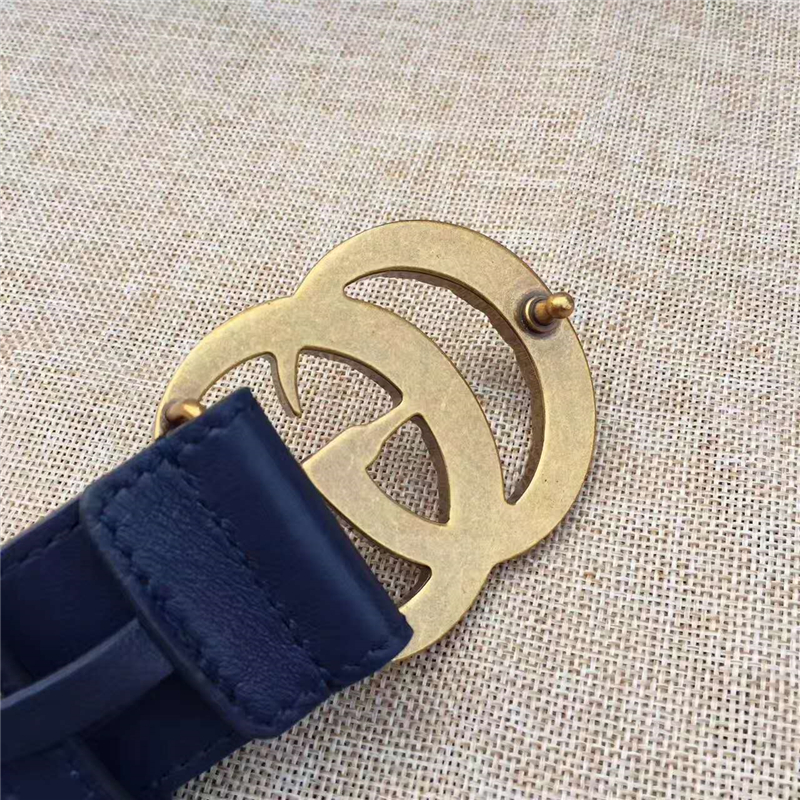 Gucci 原版牛皮搭配原單仿古銅珍珠雙G扣頭 腰帶 彰顯超凡品味 頂級精品 藍色