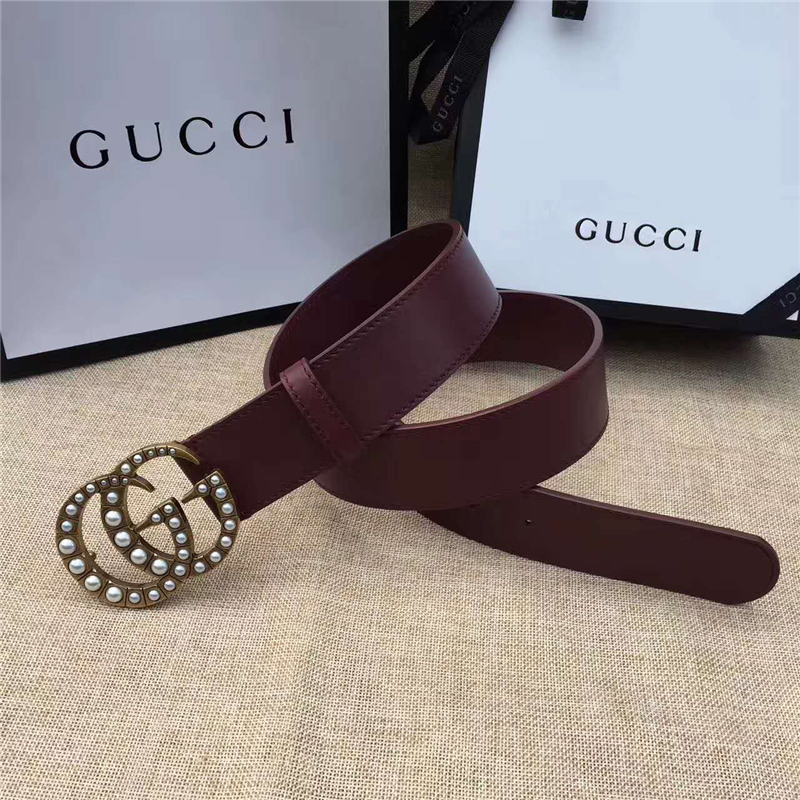 Gucci 原版牛皮搭配原單仿古銅珍珠雙G扣頭 腰帶 彰顯超凡品味 頂級(jí)精品 棕紅色