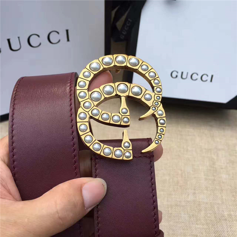 Gucci 原版牛皮搭配原單仿古銅珍珠雙G扣頭 腰帶 彰顯超凡品味 頂級(jí)精品 棕紅色