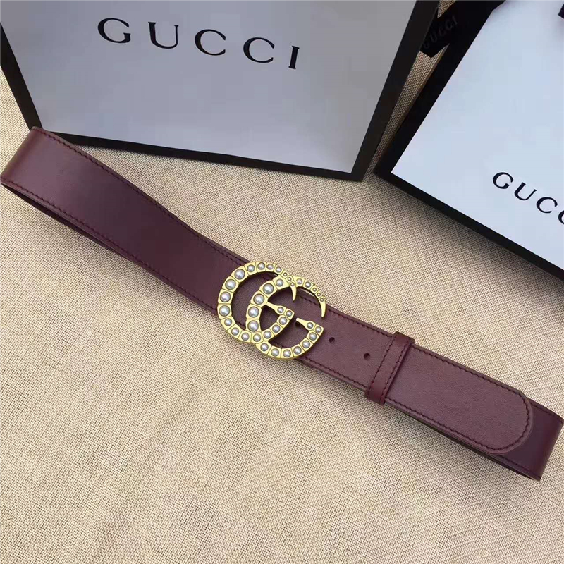 Gucci 原版牛皮搭配原單仿古銅珍珠雙G扣頭 腰帶 彰顯超凡品味 頂級(jí)精品 棕紅色