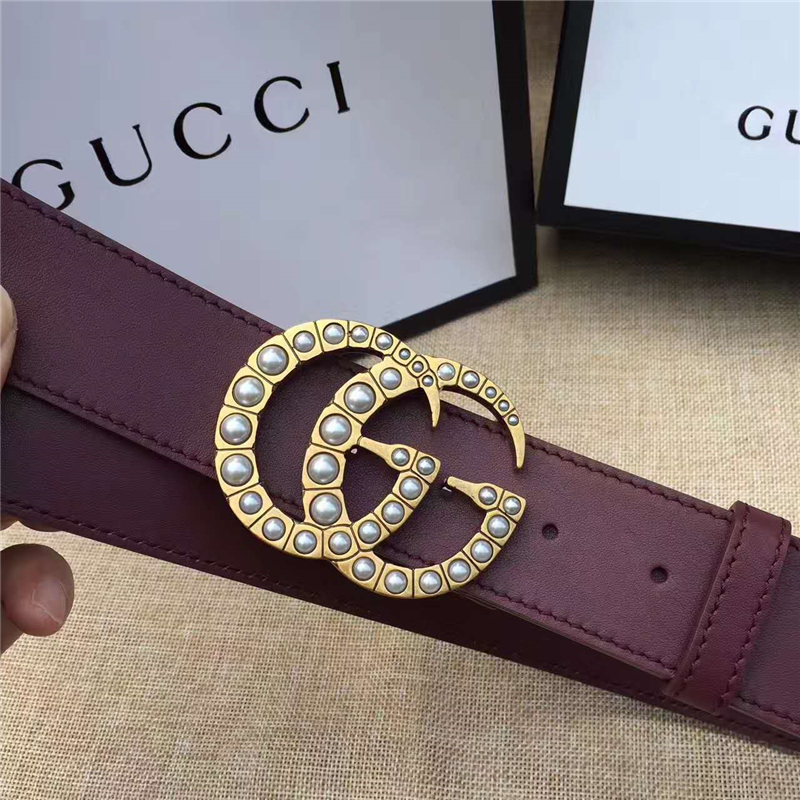 Gucci 原版牛皮搭配原單仿古銅珍珠雙G扣頭 腰帶 彰顯超凡品味 頂級(jí)精品 棕紅色