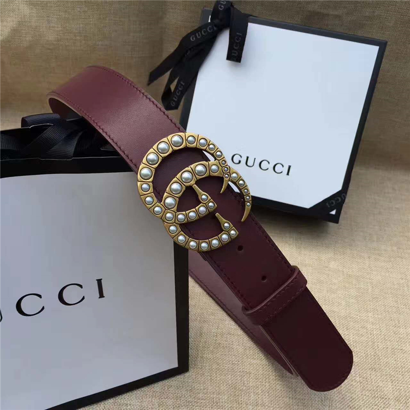 Gucci 原版牛皮搭配原單仿古銅珍珠雙G扣頭 腰帶 彰顯超凡品味 頂級(jí)精品 棕紅色