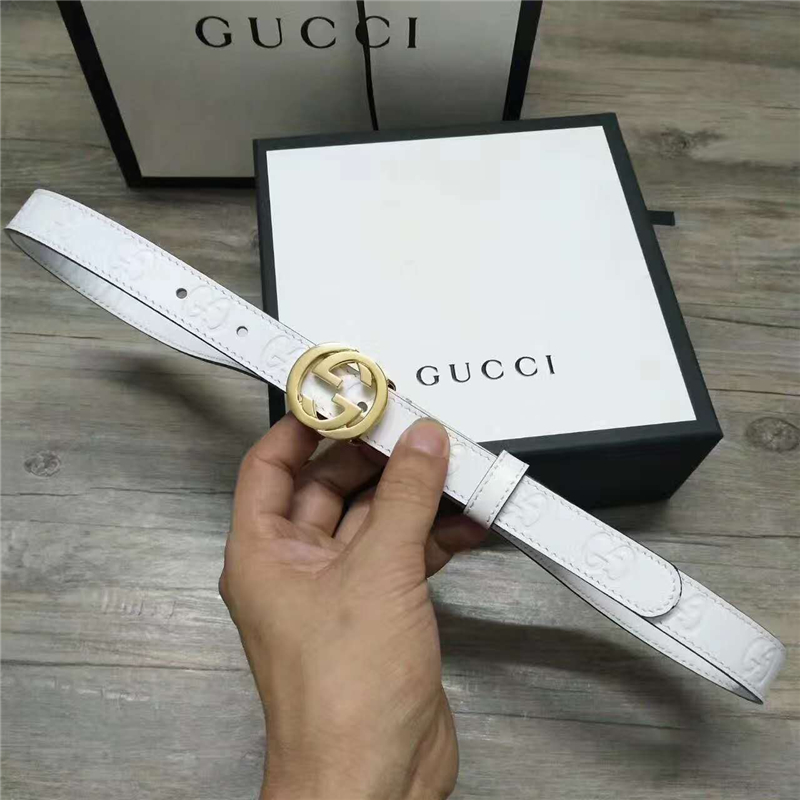 Gucci 新款 進口原版小牛皮壓花 女士腰帶 雙G扣頭 雙面可用 白色金扣