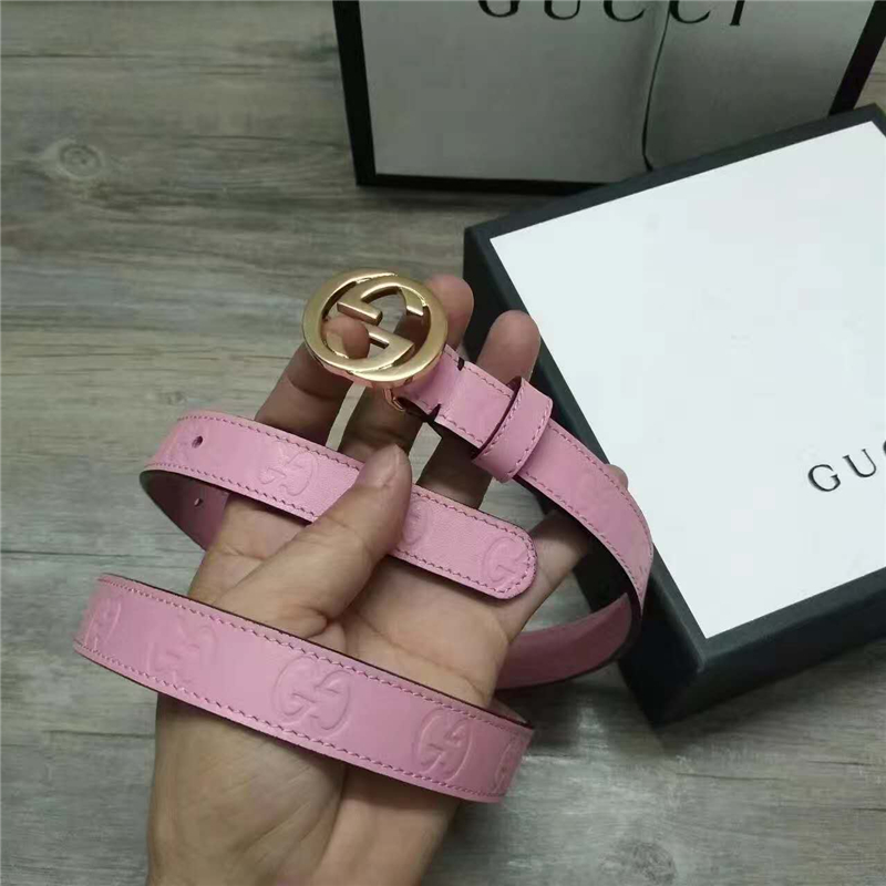 Gucci 新款 進口原版小牛皮壓花 女士腰帶 雙G扣頭 雙面可用 粉色金扣