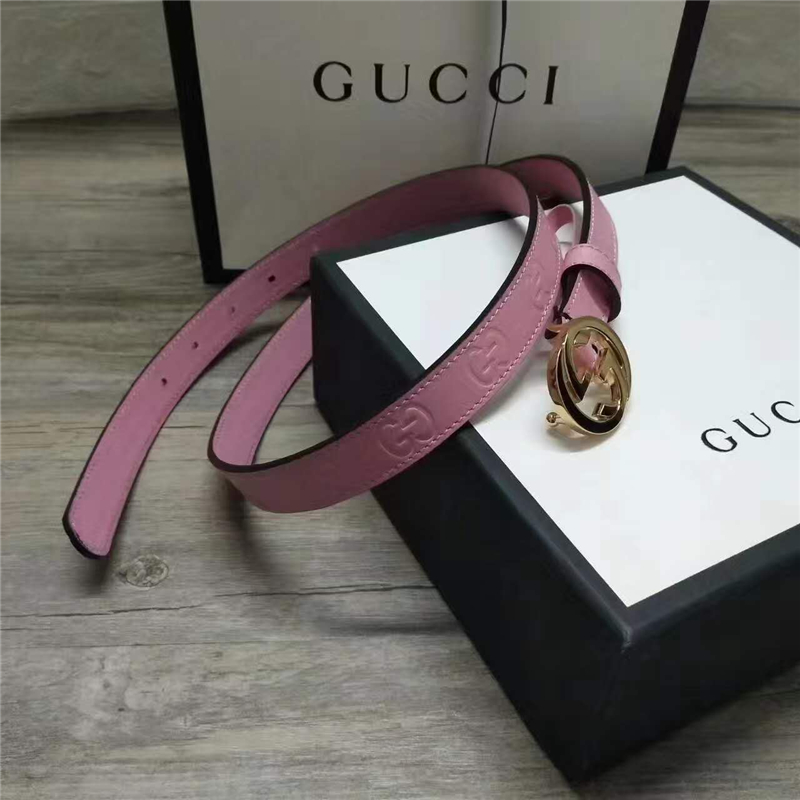 Gucci 新款 進口原版小牛皮壓花 女士腰帶 雙G扣頭 雙面可用 粉色金扣
